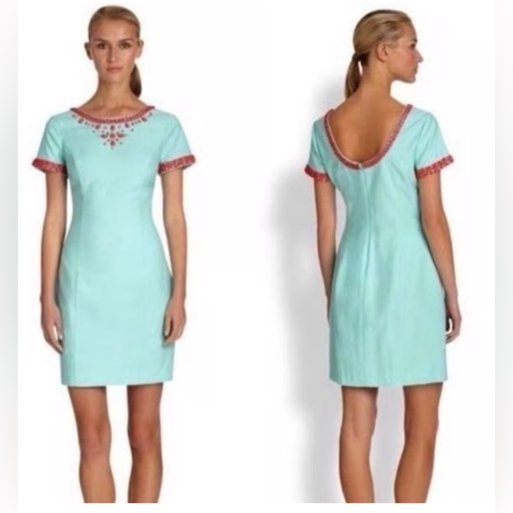 Lilly Pulitzer Aqua Mini Dress with Coral Embroidery